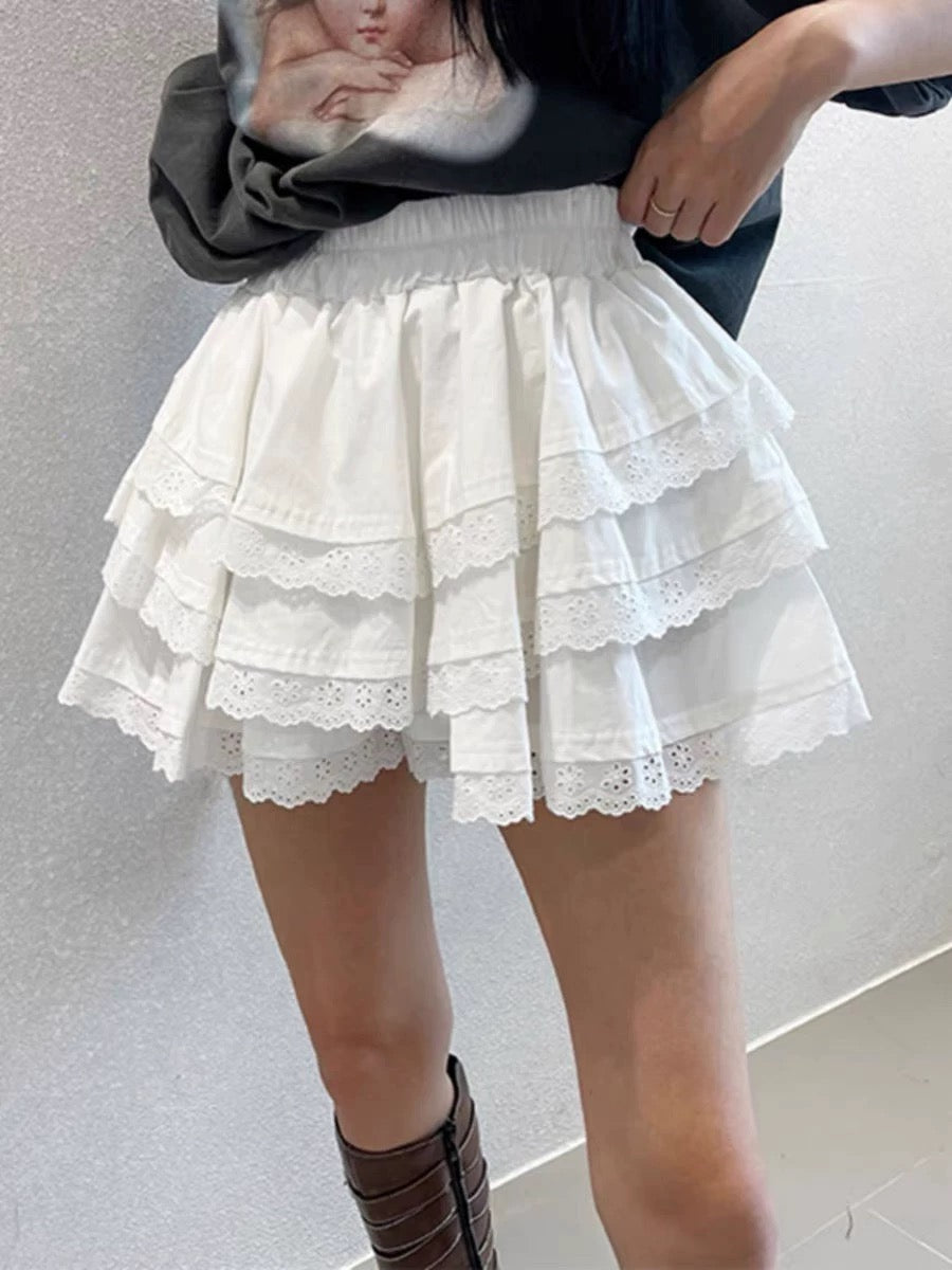 White Eyelet Lace Tiered Mini Skirt