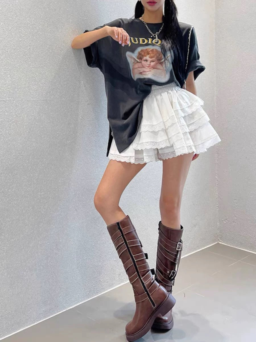 White Eyelet Lace Tiered Mini Skirt