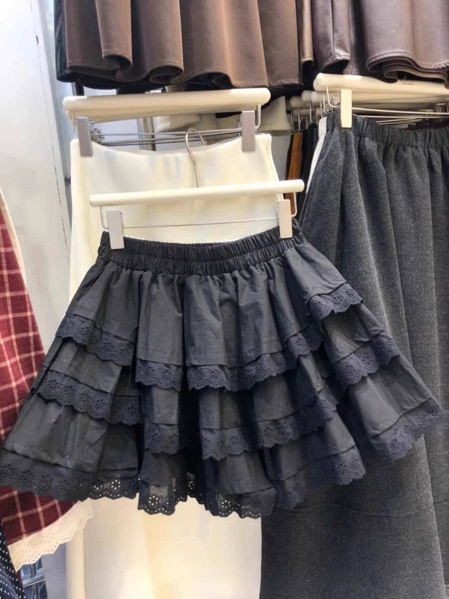White Eyelet Lace Tiered Mini Skirt