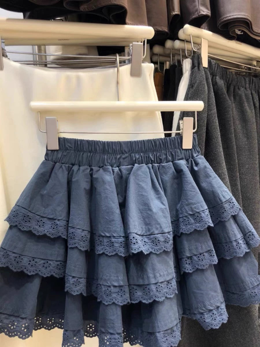 White Eyelet Lace Tiered Mini Skirt