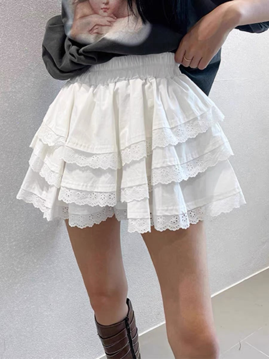 White Eyelet Lace Tiered Mini Skirt