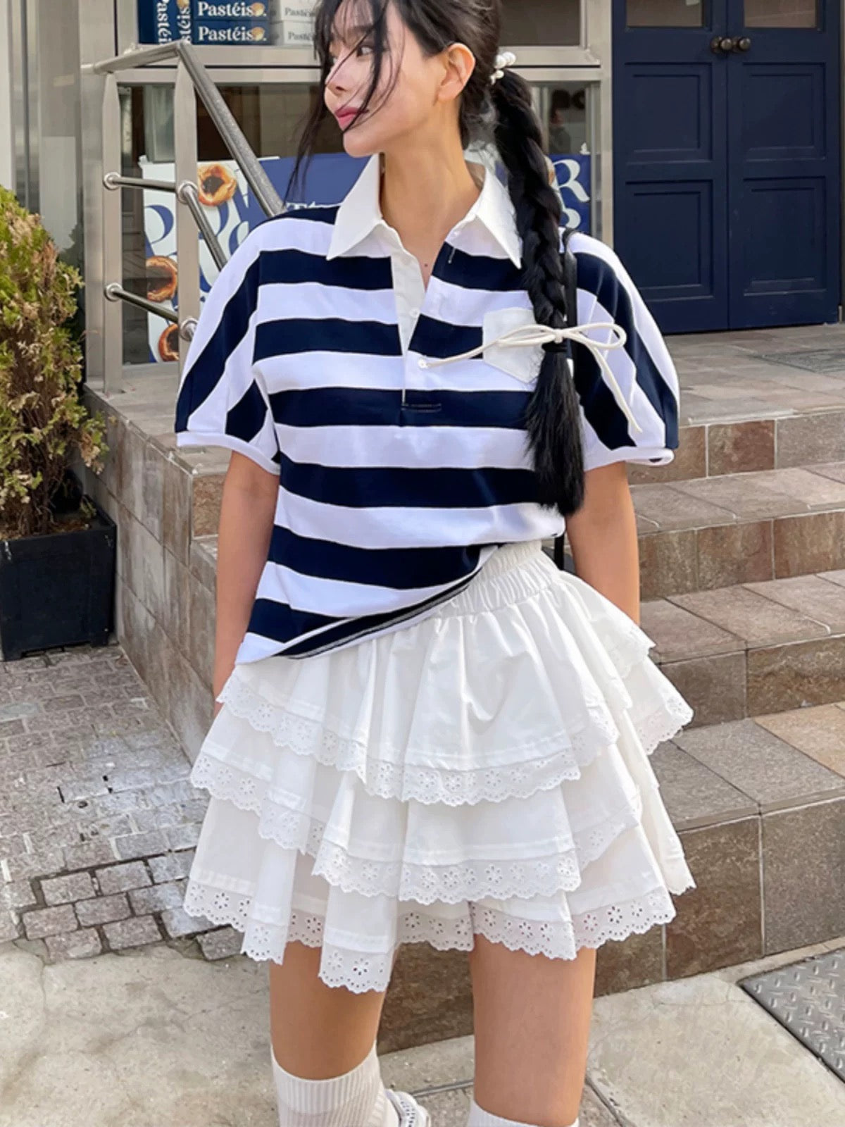White Eyelet Lace Tiered Mini Skirt