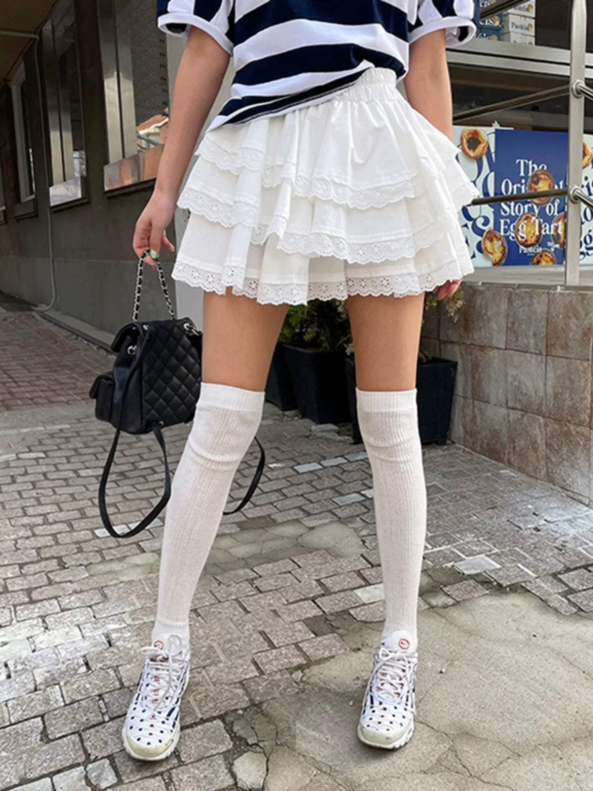 White Eyelet Lace Tiered Mini Skirt