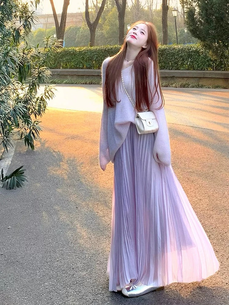 Pink-Lavender Ombre Pleated Tulle Maxi Skirt Sweater Set