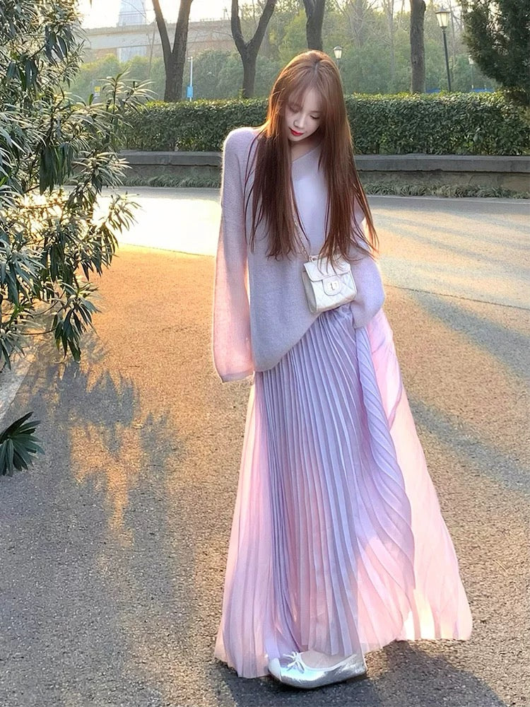 Pink-Lavender Ombre Pleated Tulle Maxi Skirt Sweater Set