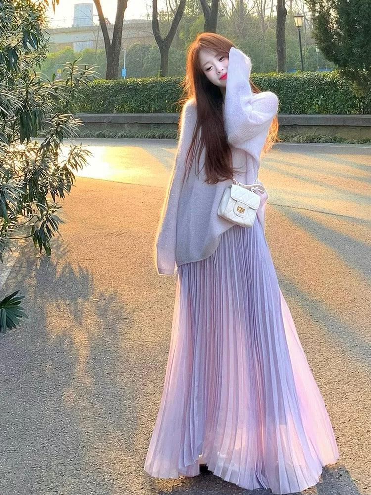 Pink-Lavender Ombre Pleated Tulle Maxi Skirt Sweater Set