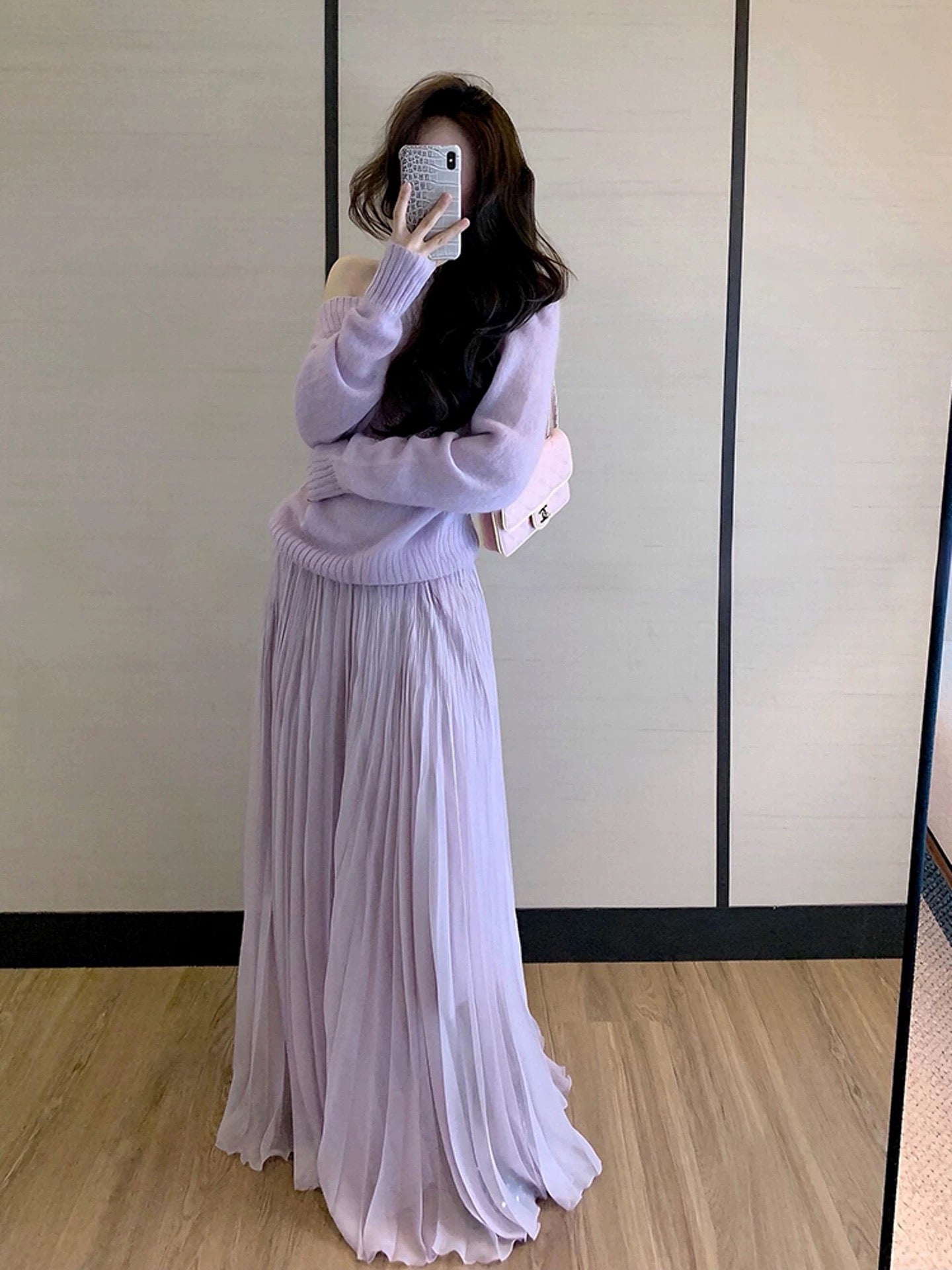 Pink-Lavender Ombre Pleated Tulle Maxi Skirt Sweater Set