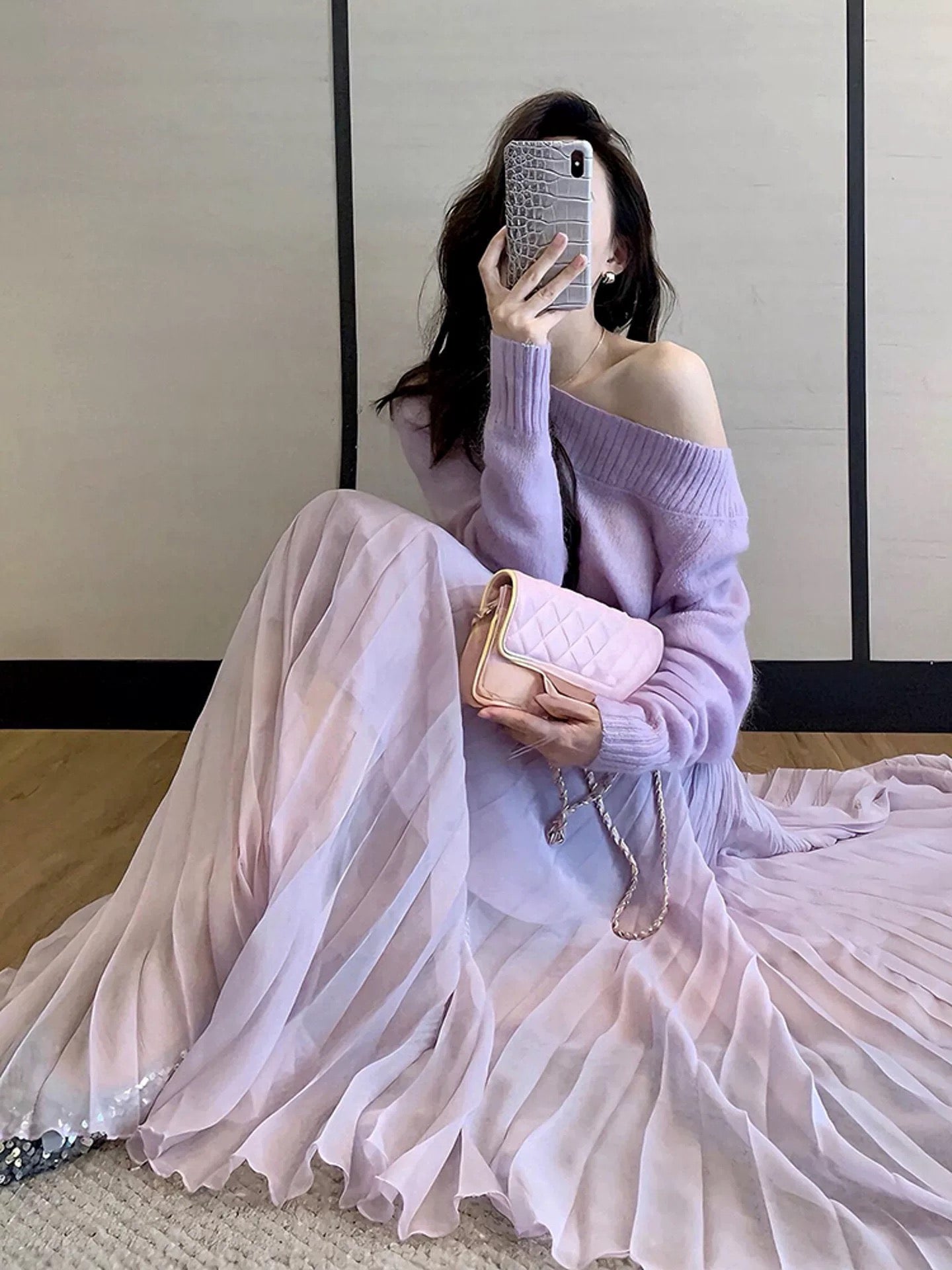 Pink-Lavender Ombre Pleated Tulle Maxi Skirt Sweater Set