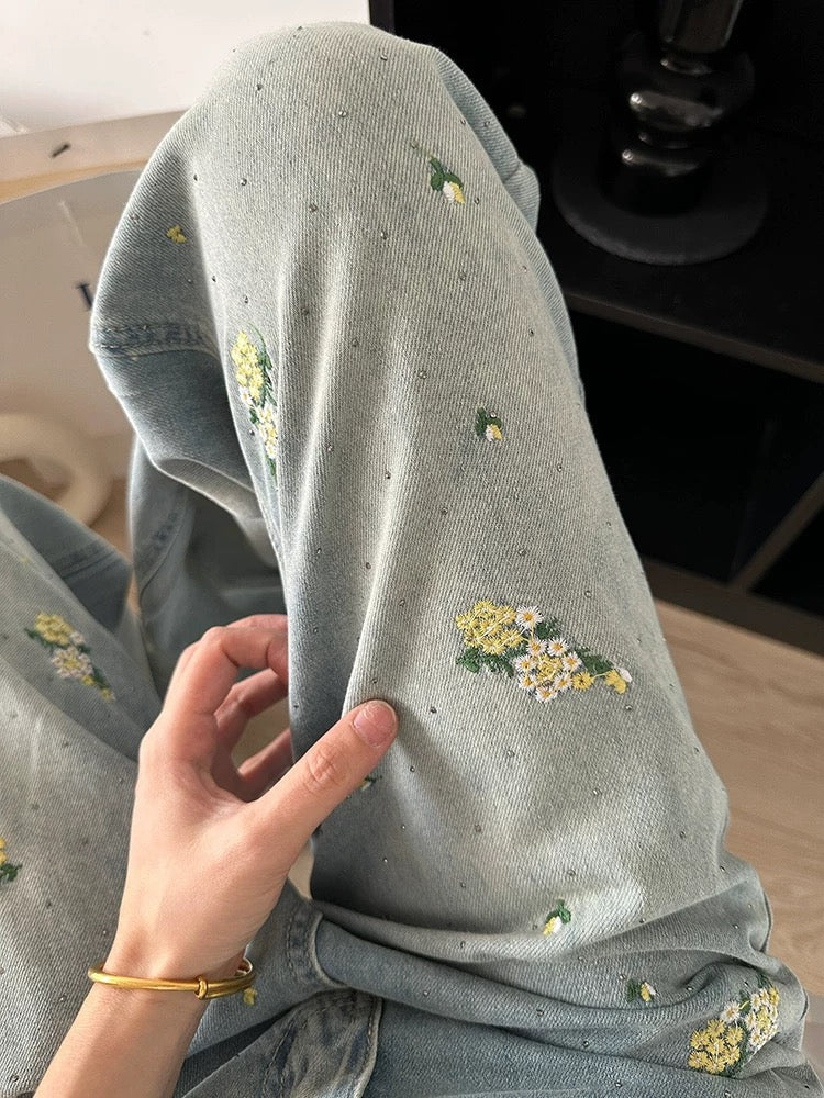 Light Blue Flare Jeans with Daisy Embroidery