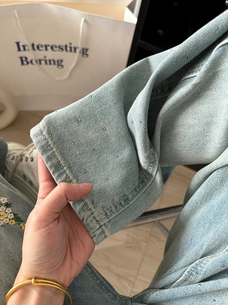 Light Blue Flare Jeans with Daisy Embroidery