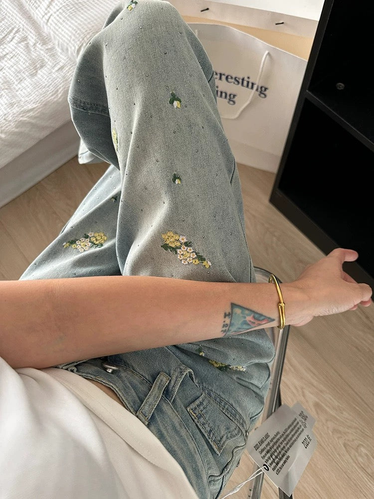 Light Blue Flare Jeans with Daisy Embroidery