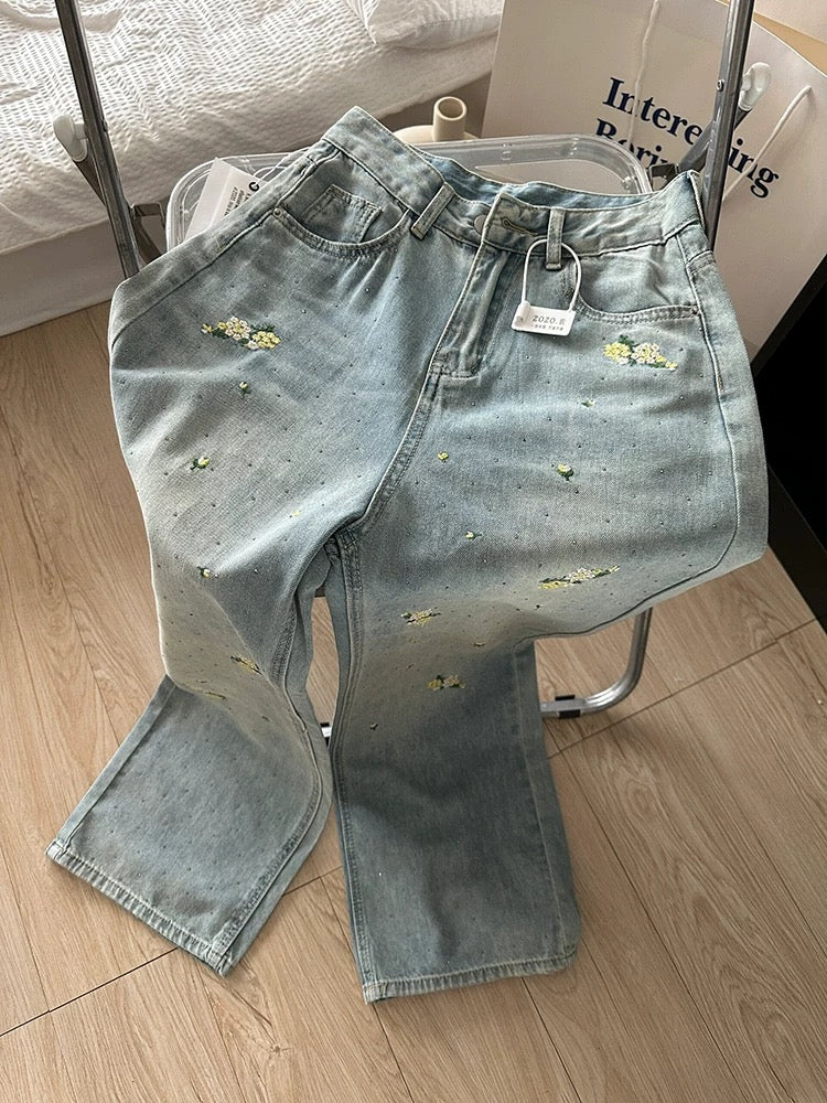 Light Blue Flare Jeans with Daisy Embroidery