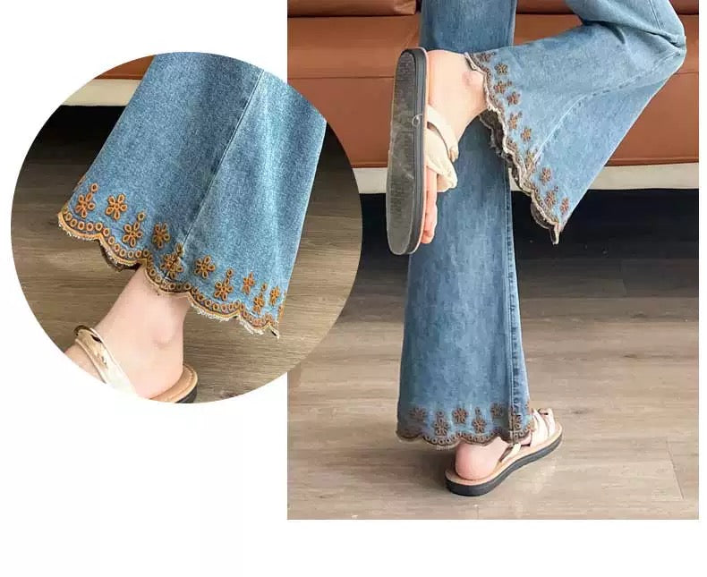Light Blue Flare Jeans with Pearl and Butterfly Embellishments