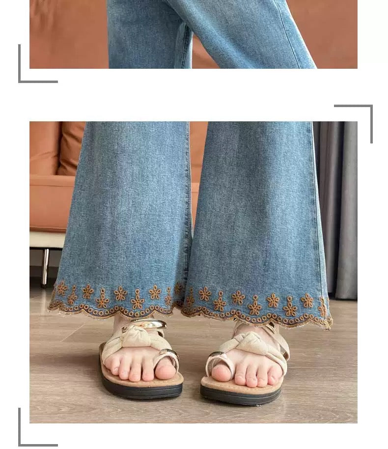 Light Blue Flare Jeans with Pearl and Butterfly Embellishments