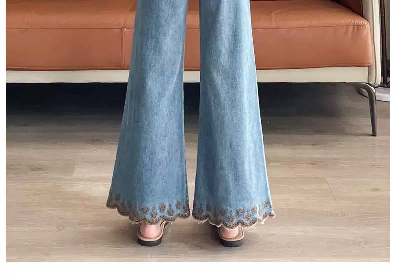 Light Blue Flare Jeans with Pearl and Butterfly Embellishments