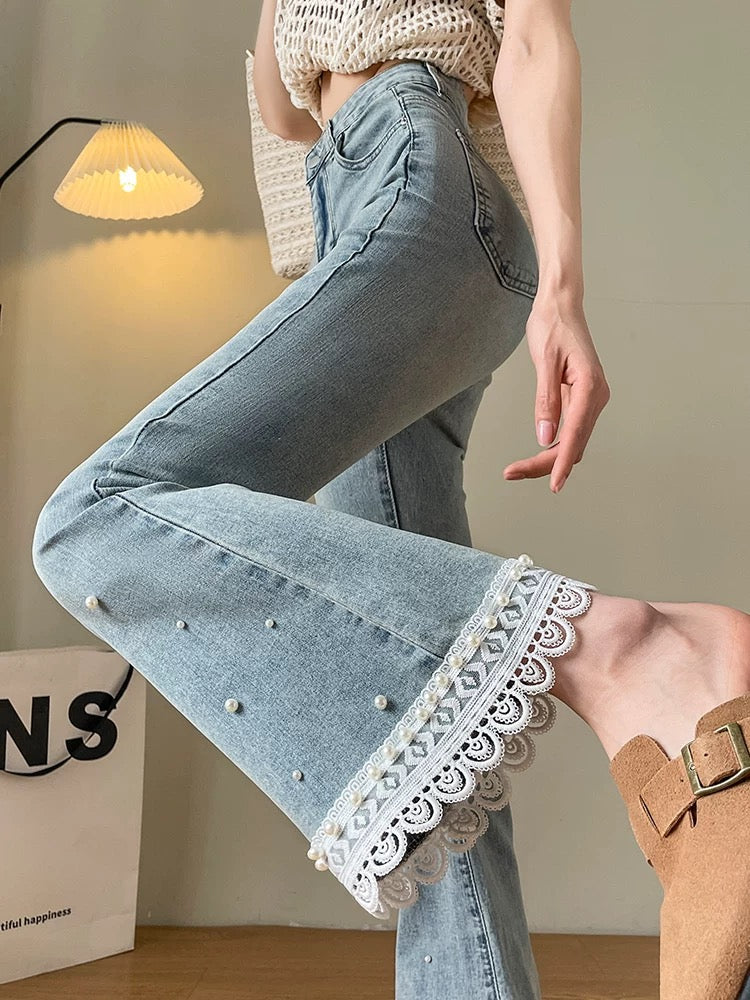 Light Blue Flare Jeans with Pearl and Butterfly Embellishments