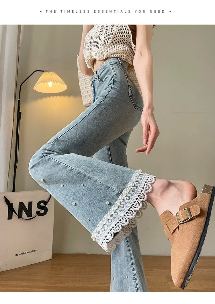 Light Blue Flare Jeans with Pearl and Butterfly Embellishments