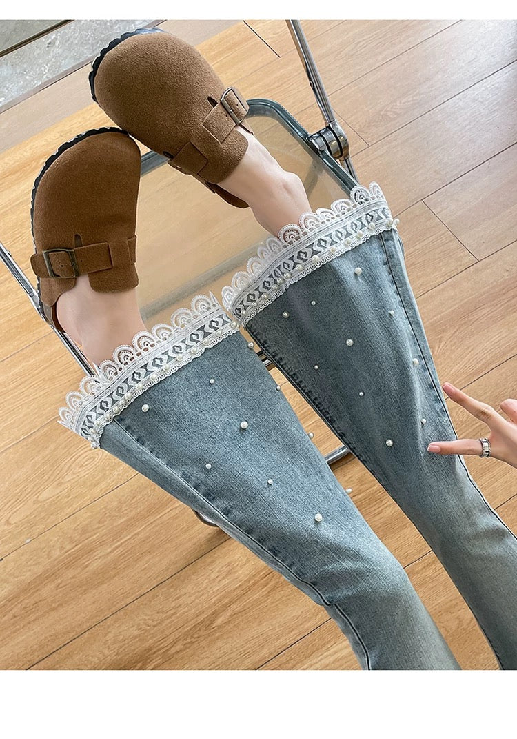 Light Blue Flare Jeans with Pearl and Butterfly Embellishments