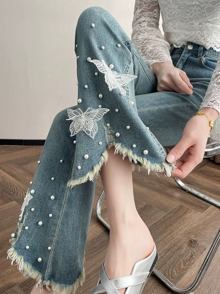 Light Blue Flare Jeans with Pearl and Butterfly Embellishments