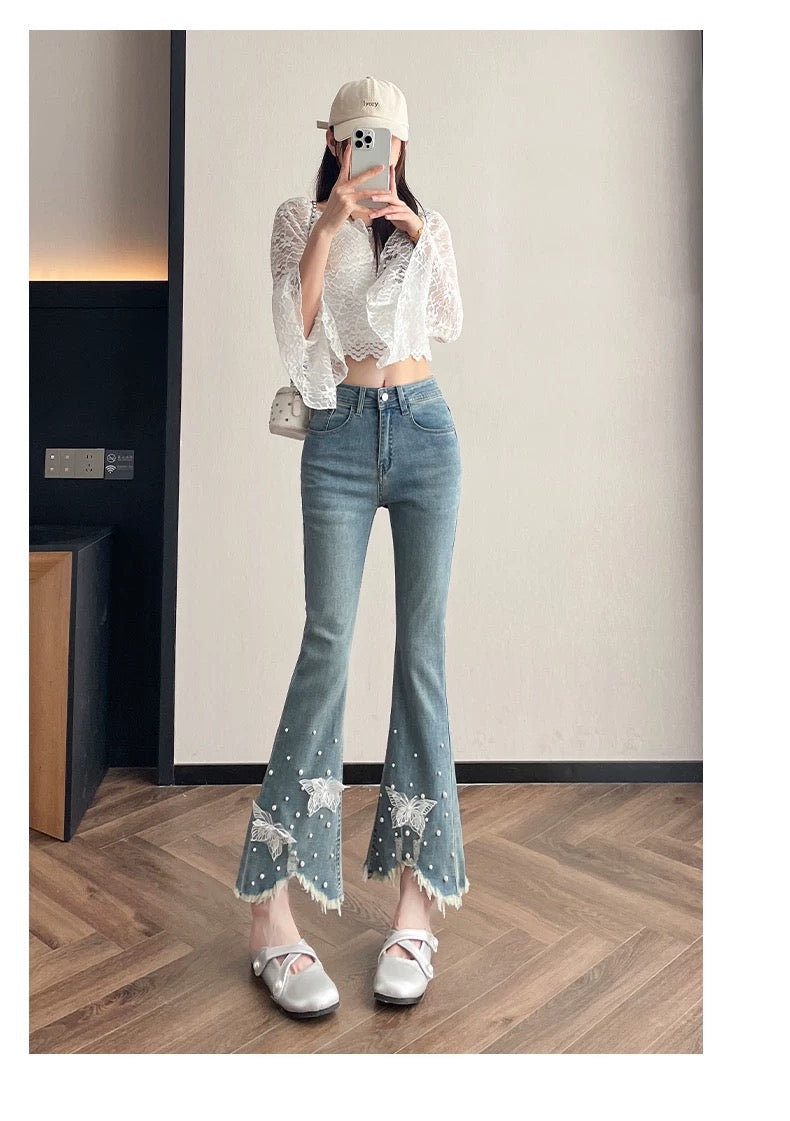 Light Blue Flare Jeans with Pearl and Butterfly Embellishments