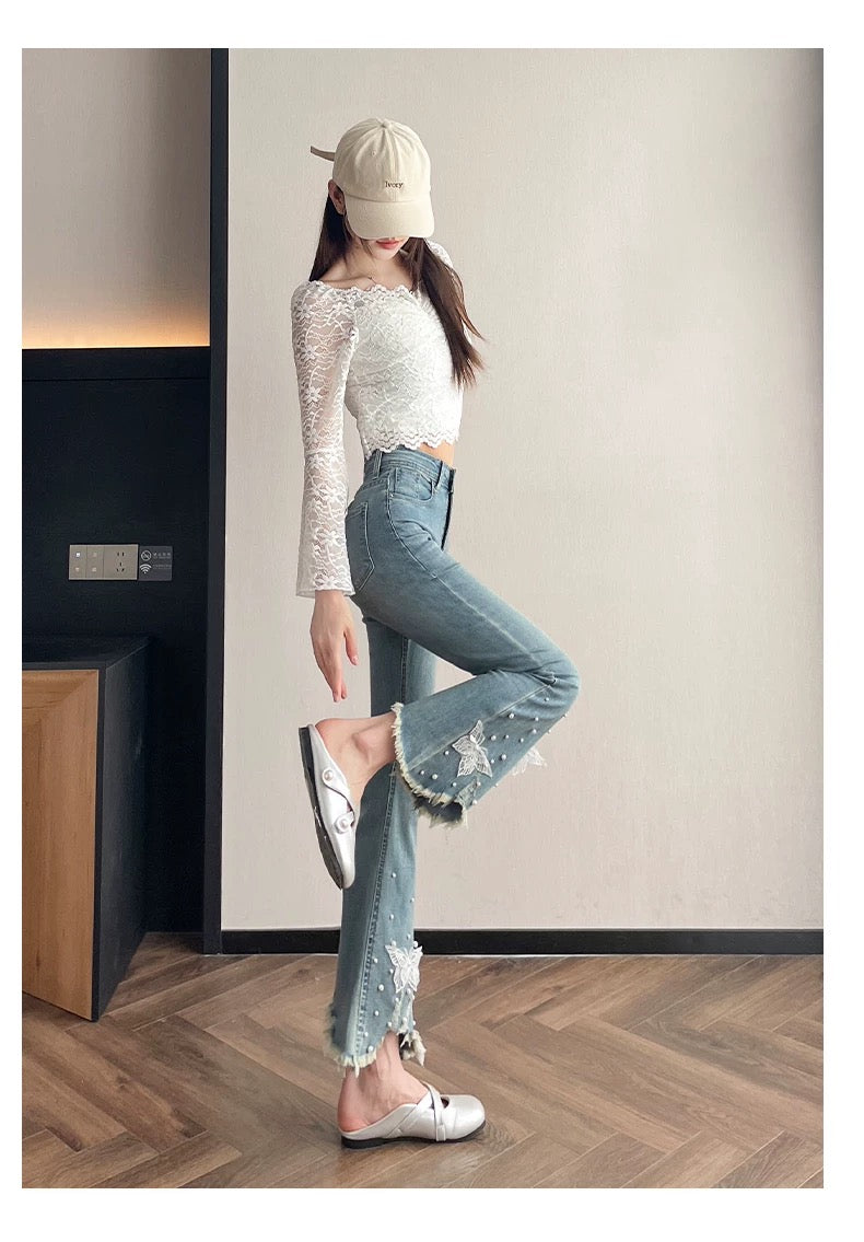 Light Blue Flare Jeans with Pearl and Butterfly Embellishments