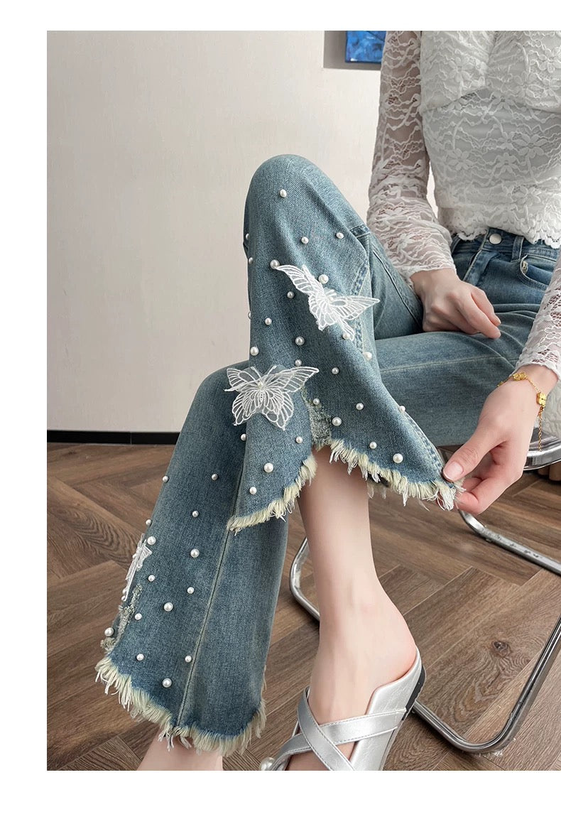 Light Blue Flare Jeans with Pearl and Butterfly Embellishments