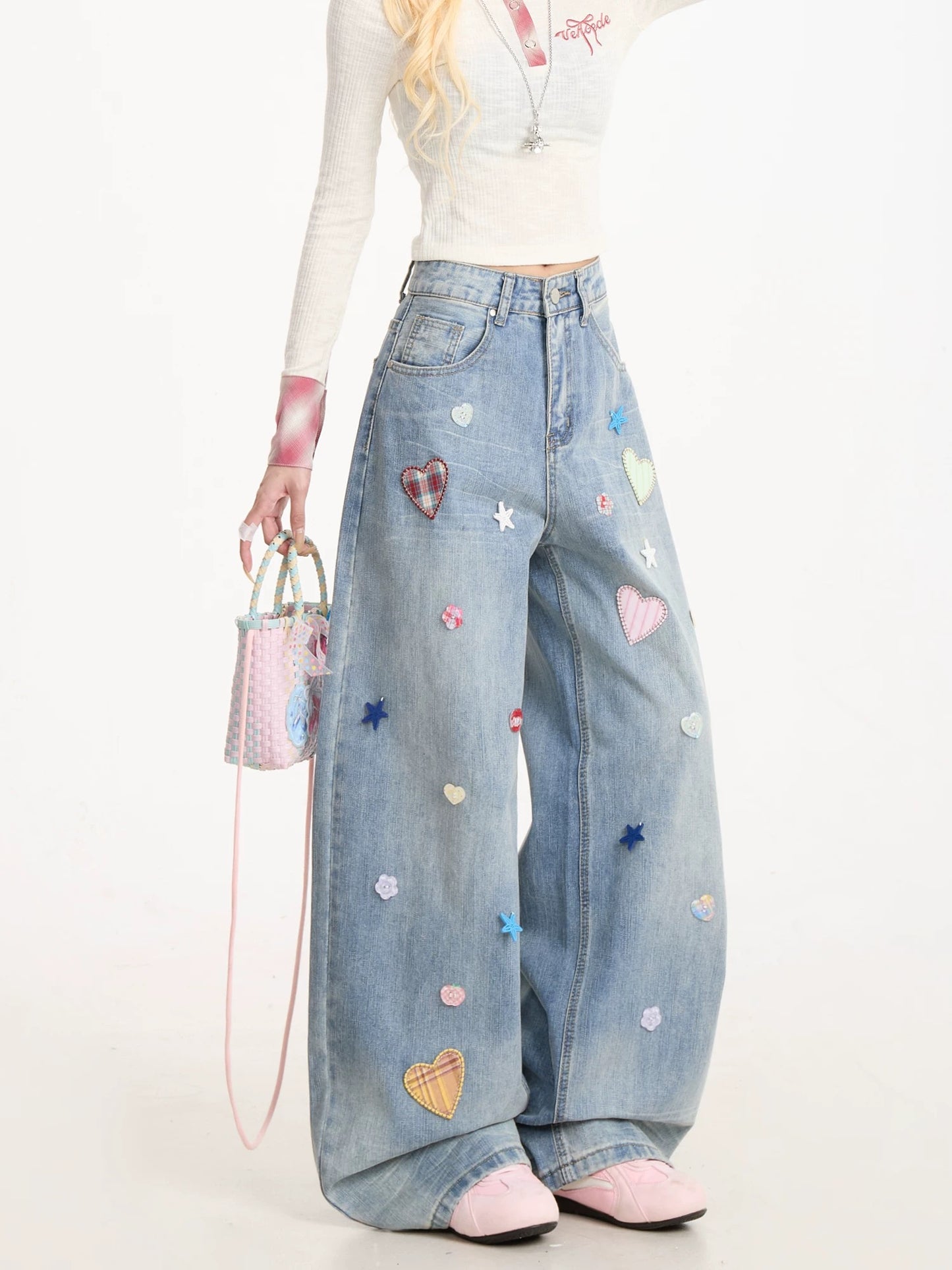 Light Blue Wide-Leg Jeans with Hearts and Stars Embroidery