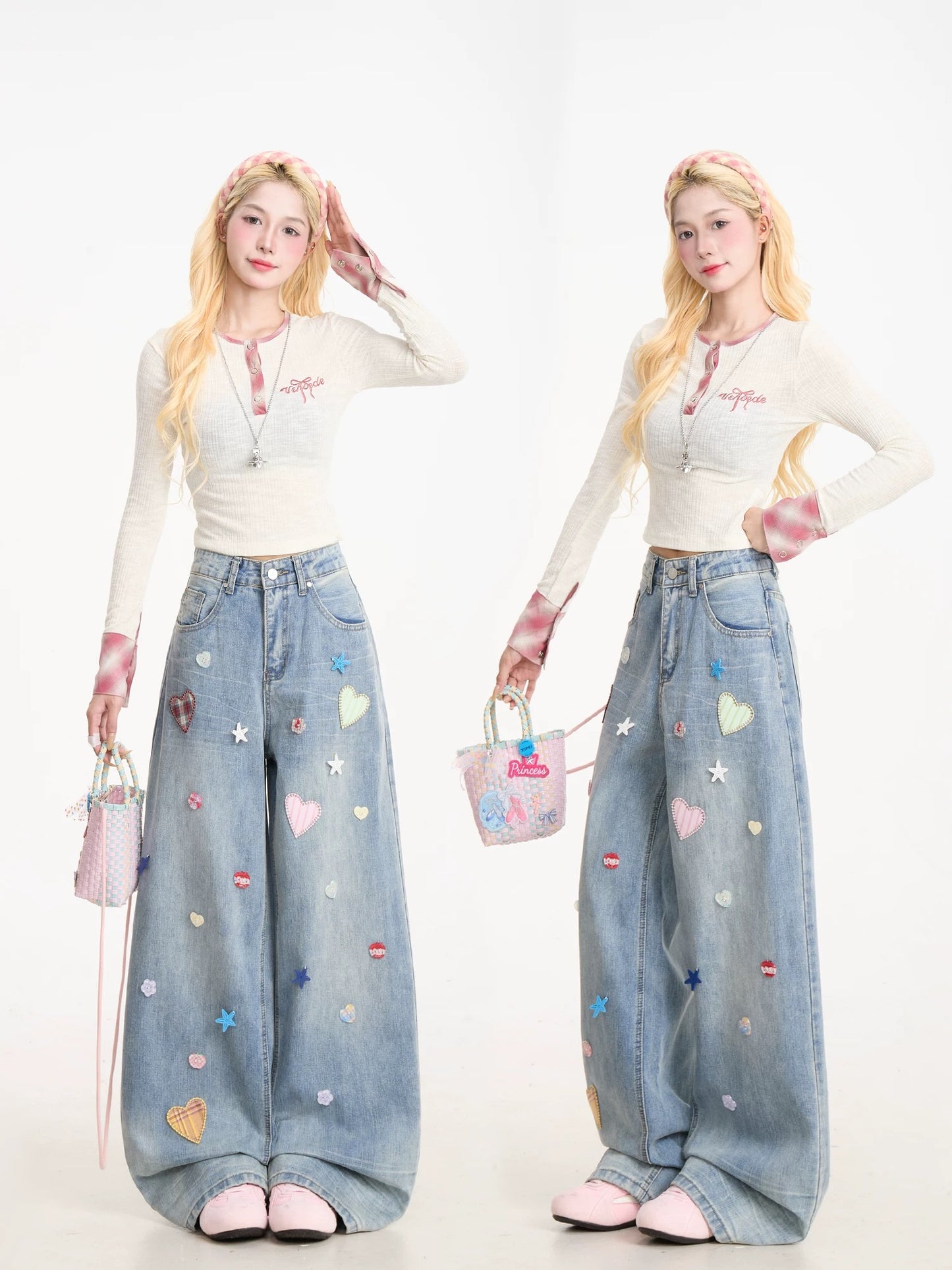 Light Blue Wide-Leg Jeans with Hearts and Stars Embroidery