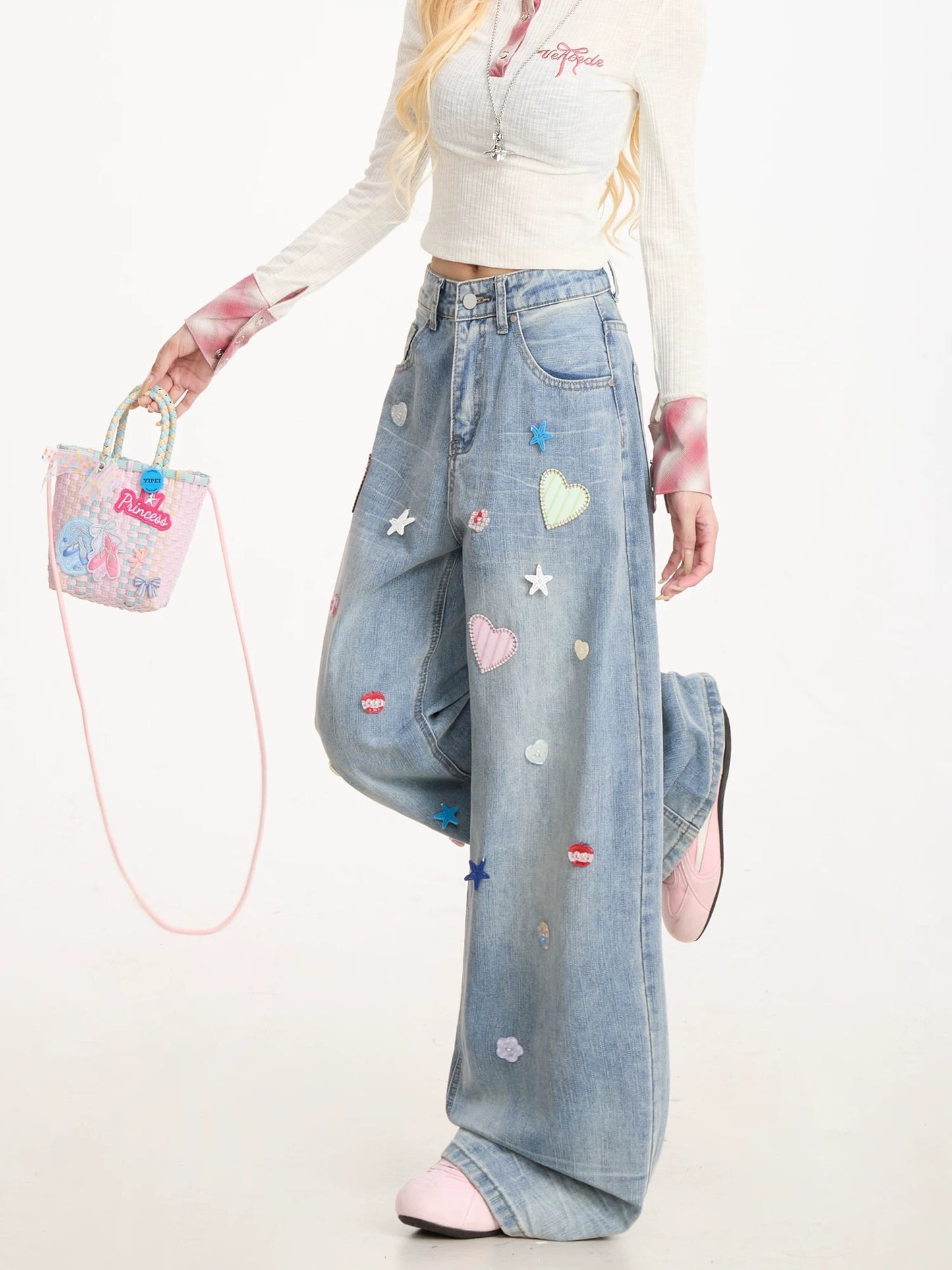 Light Blue Wide-Leg Jeans with Hearts and Stars Embroidery