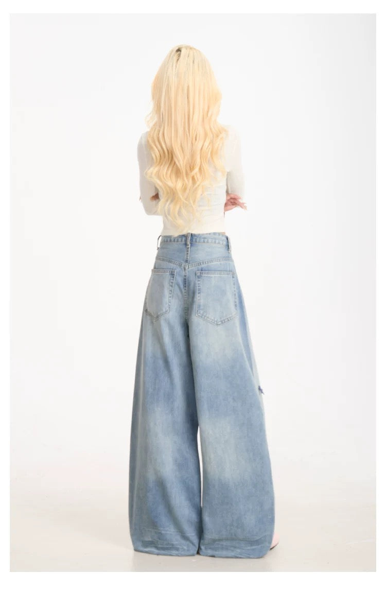 Light Blue Wide-Leg Jeans with Hearts and Stars Embroidery
