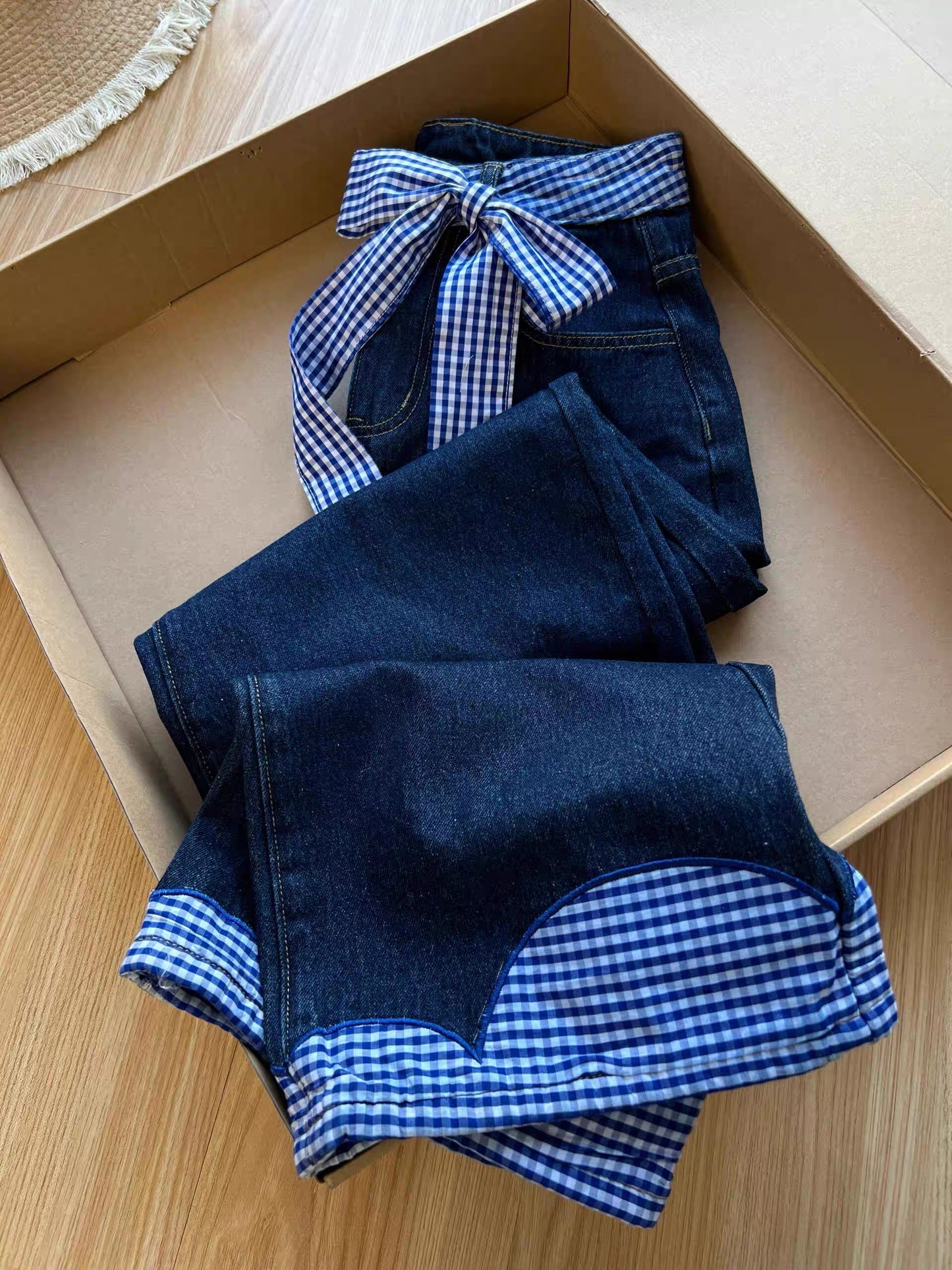 Dark Blue Jeans with Blue Gingham Bow Trim