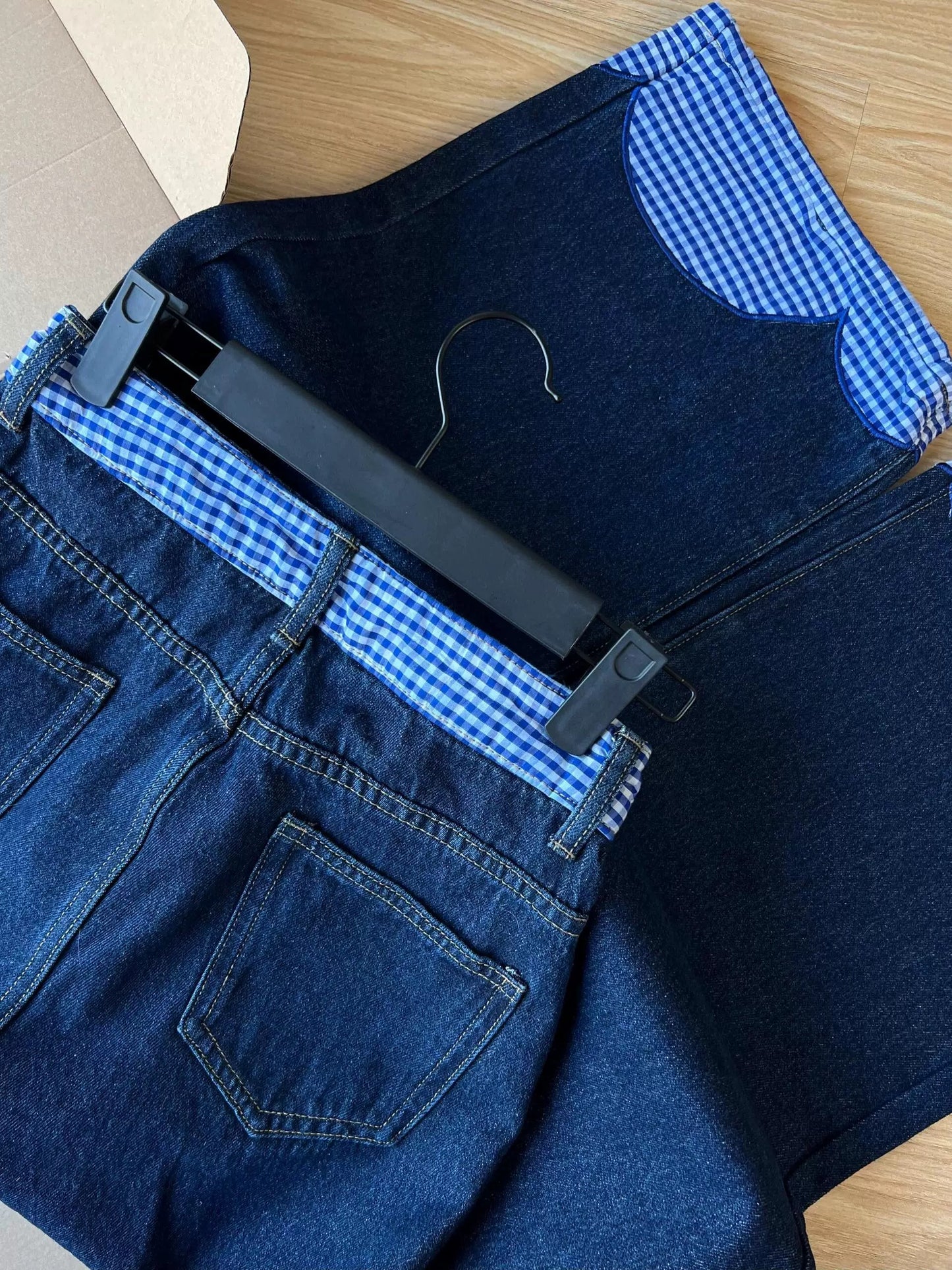 Dark Blue Jeans with Blue Gingham Bow Trim