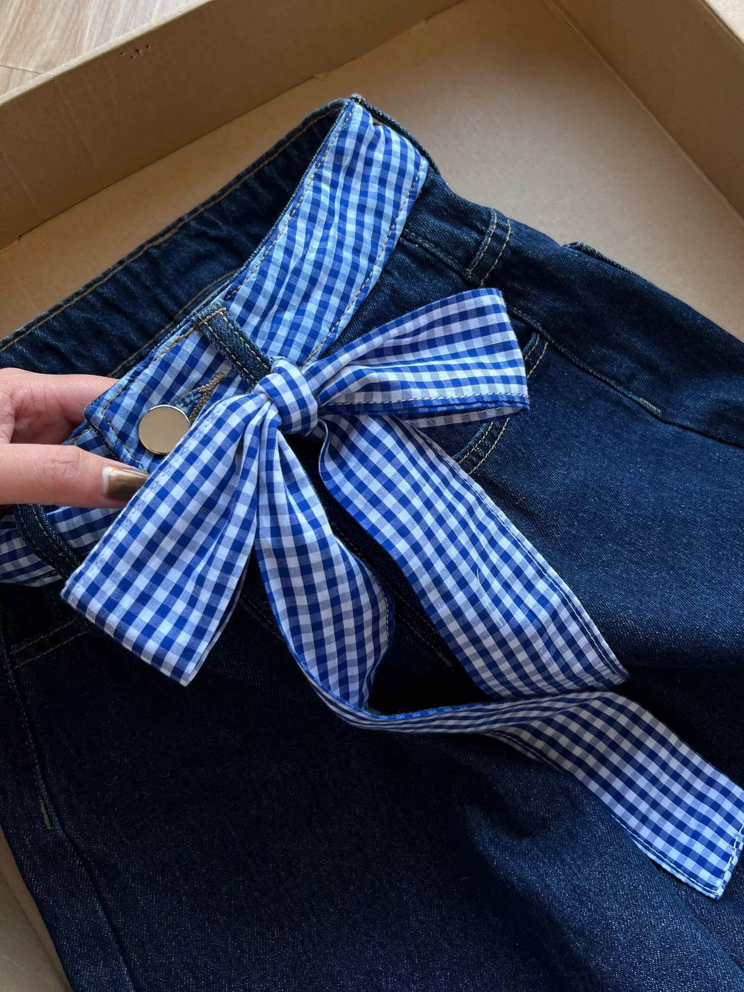 Dark Blue Jeans with Blue Gingham Bow Trim