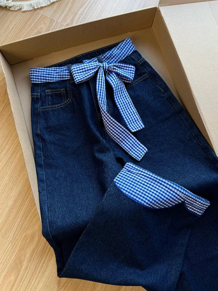 Dark Blue Jeans with Blue Gingham Bow Trim