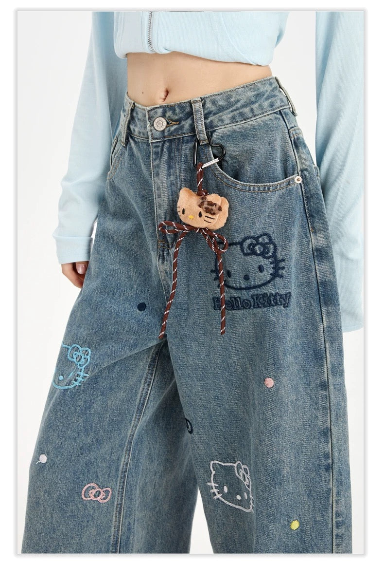 Light Blue Wide-Leg Hello Kitty Embroidered Jeans