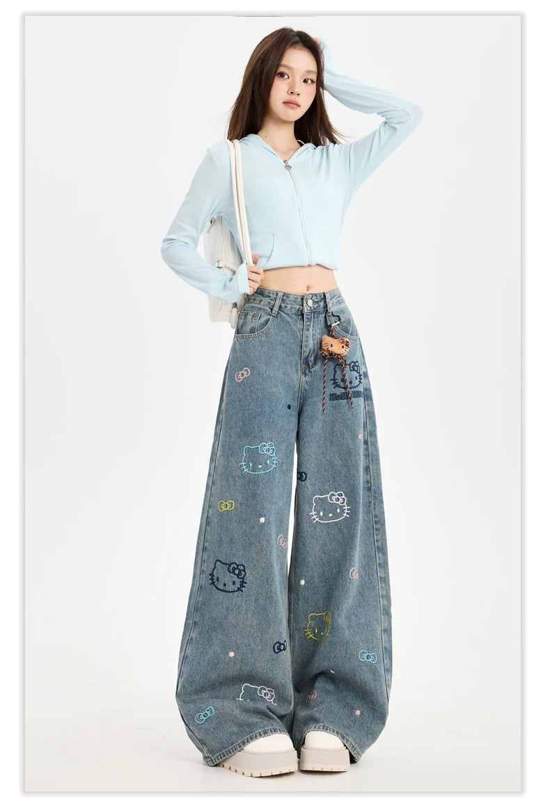 Light Blue Wide-Leg Hello Kitty Embroidered Jeans