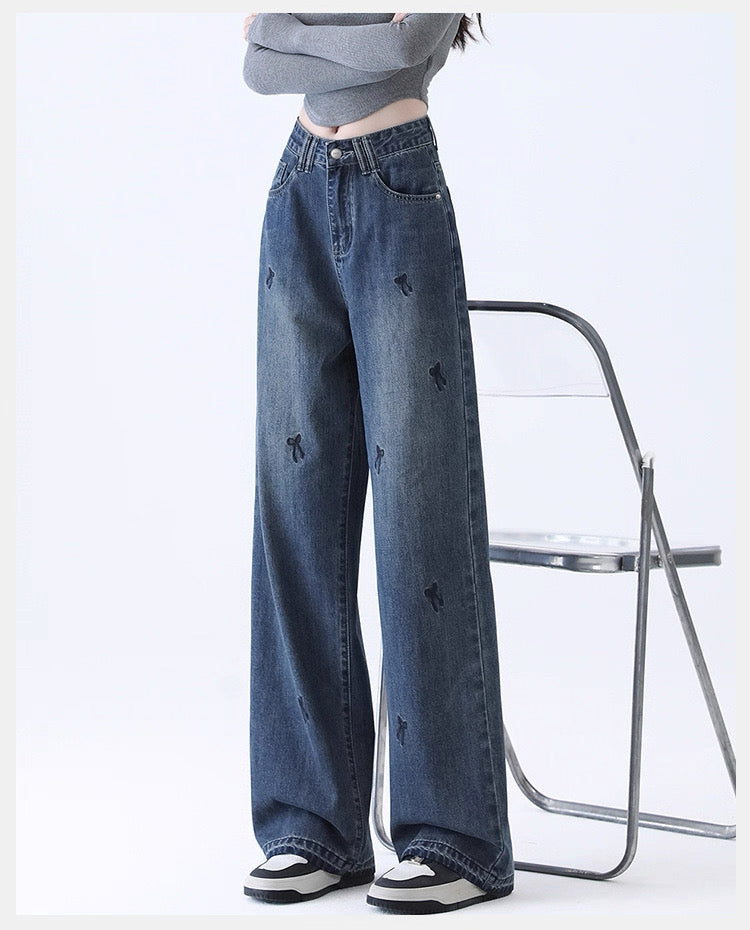 Light Blue Denim Wide-Leg Pants with Bow Embroidery