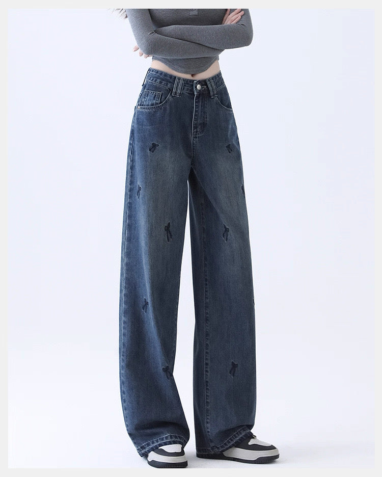 Light Blue Denim Wide-Leg Pants with Bow Embroidery