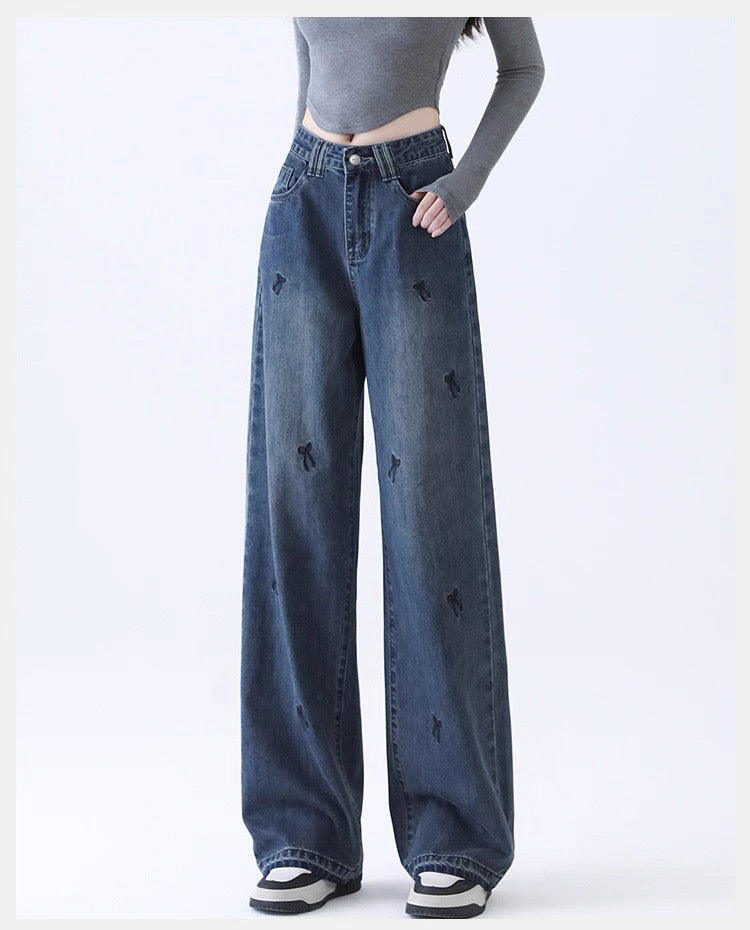 Light Blue Denim Wide-Leg Pants with Bow Embroidery