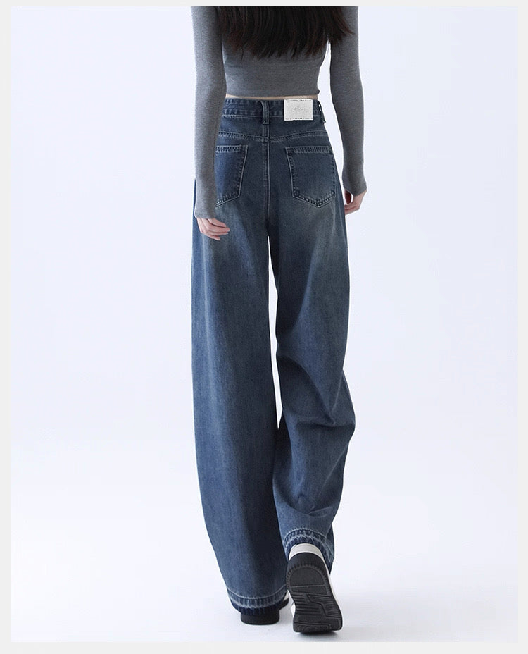 Light Blue Denim Wide-Leg Pants with Bow Embroidery