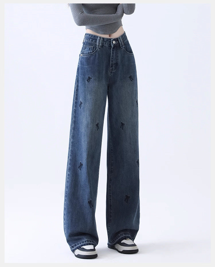Light Blue Denim Wide-Leg Pants with Bow Embroidery