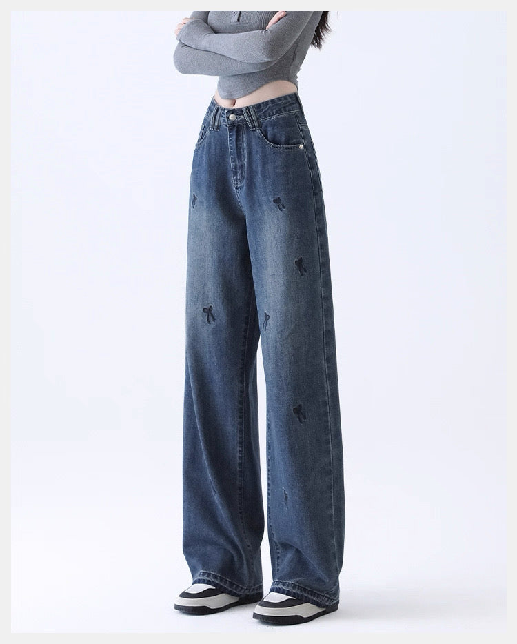 Light Blue Denim Wide-Leg Pants with Bow Embroidery