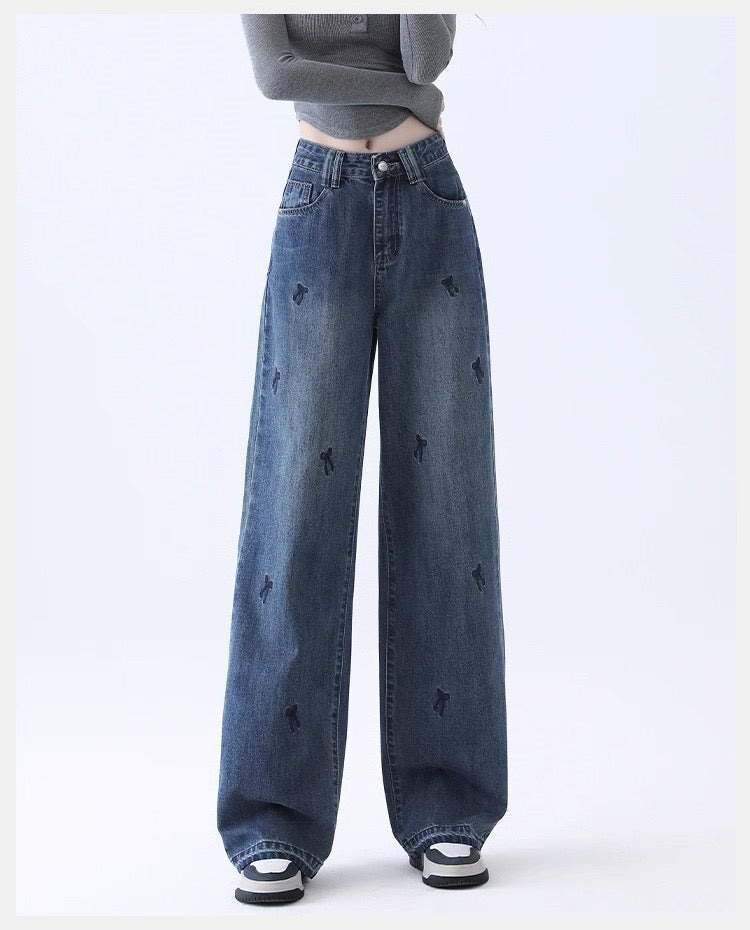 Light Blue Denim Wide-Leg Pants with Bow Embroidery
