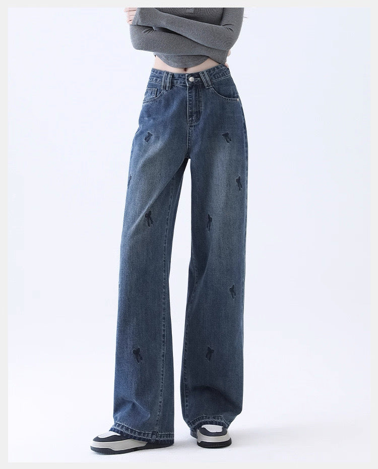 Light Blue Denim Wide-Leg Pants with Bow Embroidery