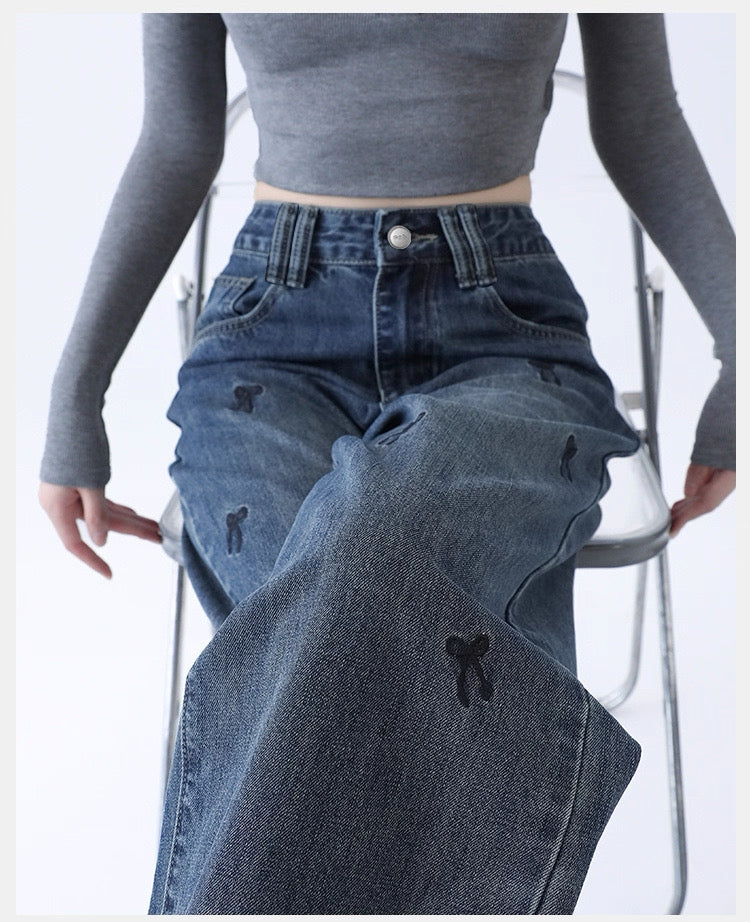Light Blue Denim Wide-Leg Pants with Bow Embroidery