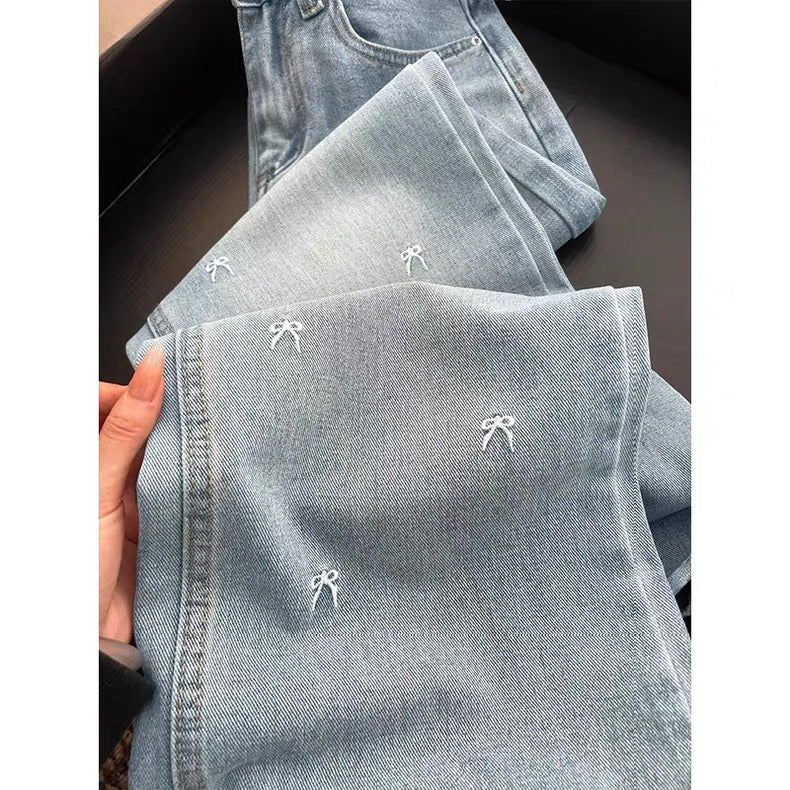 Light Blue Denim Wide-Leg Pants with Bow Embroidery