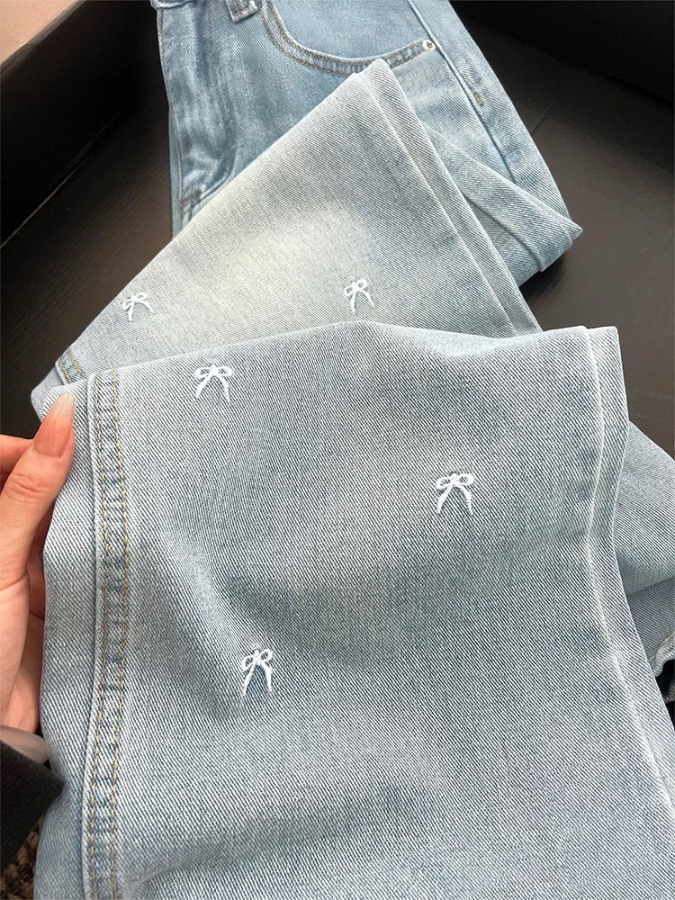 Light Blue Denim Wide-Leg Pants with Bow Embroidery