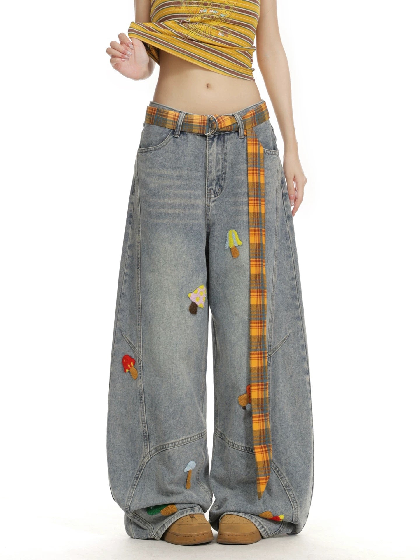 Grey Wide-Leg Jeans with Graffiti Art and Butterfly Patches