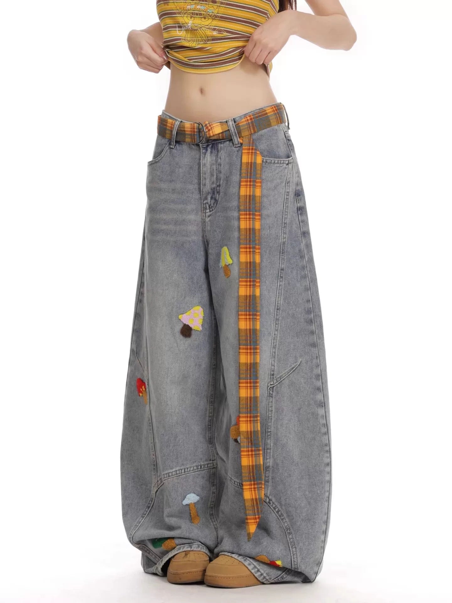 Grey Wide-Leg Jeans with Graffiti Art and Butterfly Patches