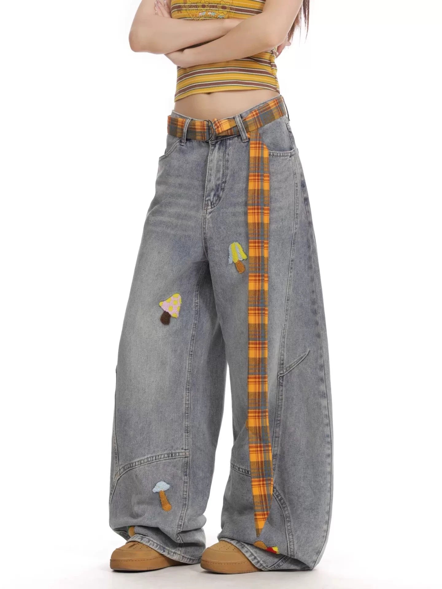 Grey Wide-Leg Jeans with Graffiti Art and Butterfly Patches